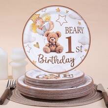 10/20/40/50pcs Set, Bear Pattern Baby Shower Paper Plates, 7 Inch And 9 Inch, Thick Disposable Brown Bear Gender Reveal Party Decorations, Suitable For 1st Birthday Party, Gender Reveal Party, Autumn Wedding, Holiday Birthday Party Supplies - Multicolor - View 5