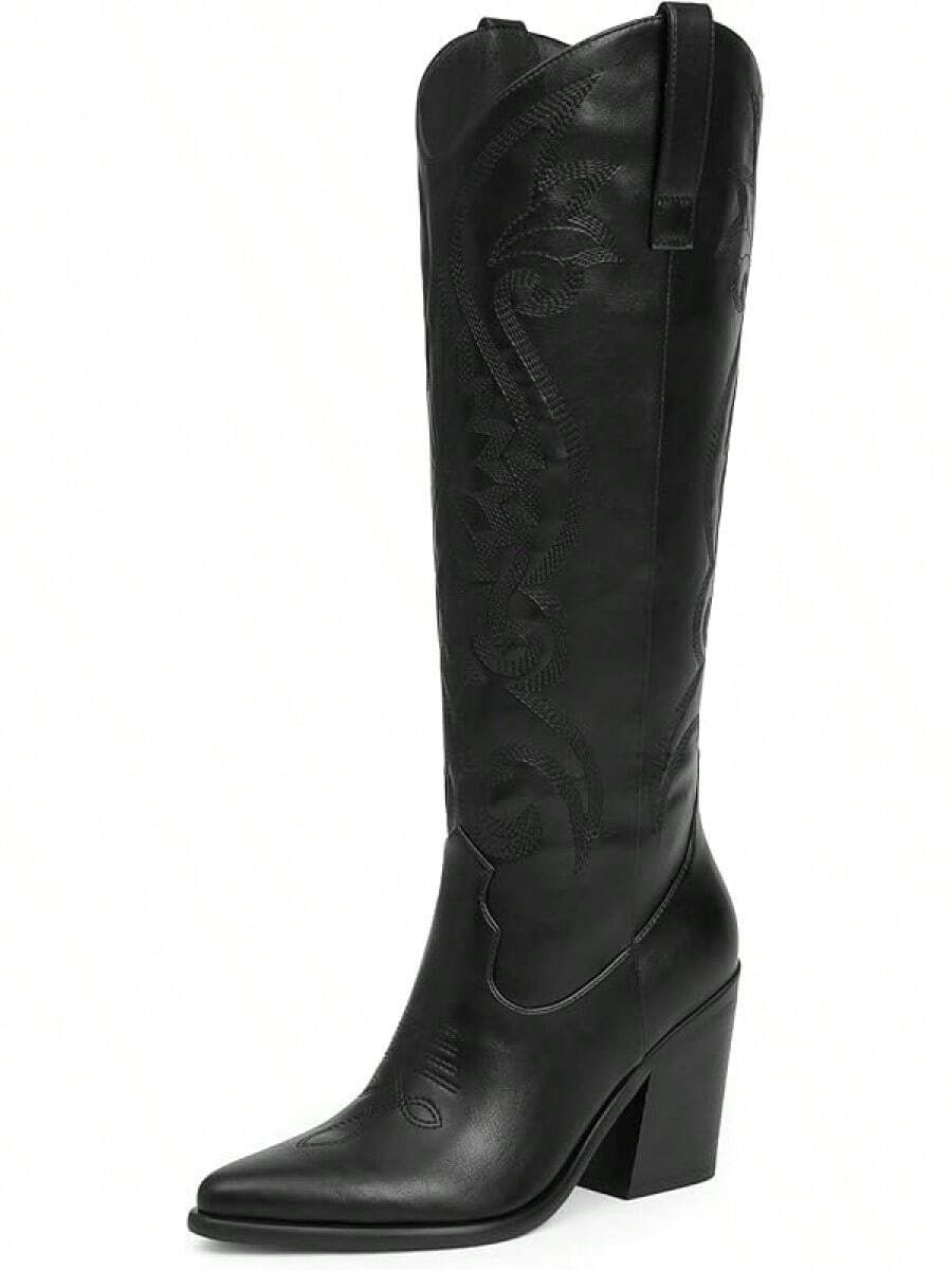 Modatope Cowgirl Boots Women Chunky Heel Knee High Cowboy Boots Embroidery Western Boots For WomenChristmas - A-black - View 1