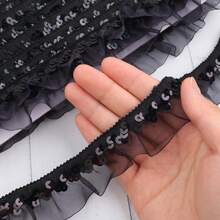 Black Elastic Ruffle Trim Sequin Pleated Lace Trim Ribbon Sewing Cloth Applique Embellishment Party Decoration - Hot Pink - View 4