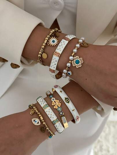 18K金不锈钢可调节手镯，饰以绿松石和邪眼图案，复古风格