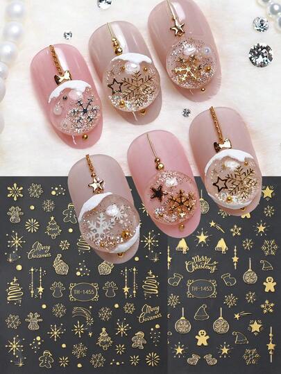 2片金色圣诞雪球美甲贴纸，雪花糖果棒卡通可爱星星美甲滑块，美甲装饰贴片