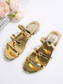 Nuevas sandalias de verano con corazón de strass, sandalias planas de moda para mujer, con punta redonda y tacón cuadrado, brillantes y de tacón bajo para uso exterior - Dorado - Ver 2