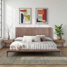 Queen Size Platform Bed Frame, Minimal Assembly Mid-Century Modern Bed, Walnut Finish Wood Bedroom Set With Vertical Slat Headboard - Gỗ nguyên khối - Xem 2