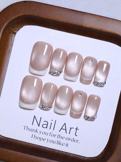 10片装短款方形白棕色撞色亮面猫眼法式美甲贴片，优雅可重复使用，持久耐用，快速上手，DIY日常美甲美妆