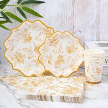 8pcs Yellow Porcelain Floral Disposable Plate, Napkin And Cup Set, Includes Plates, Napkins And Cups, Suitable For 8 Guests, Disposable Paper Plates Party Supplies For Birthday, Wedding, Theme Party, Family Picnic - Multicolor - View 3