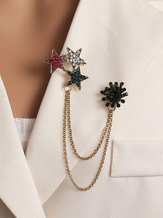 1 st vintage stjärnbrosch med tofs för kvinnor, strasskedja med kavajnål, unik design