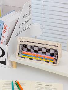 Estojo de lápis grande e transparente, com estampa xadrez elegante, estampa de desenho animado fofa, estojo para canetas com estampa floral feminina, estojo para lápis de duas camadas, estojo infantil adorável para guardar canetas, régua, borracha, fita adesiva e corretivo. Organizador de material escolar prático. - Multicolorido - Ver 13