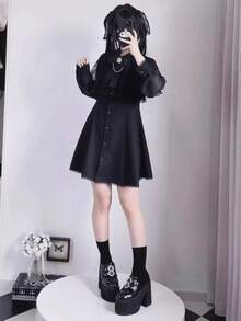 Y2k 2025 New Arrival: A Delicate Lace Dress For Women. This Japanese-Inspired, Girly-Style Chiffon Long-Sleeve Dress Features A Shawl Design With A Ribbon. Feminine And Elegant Light Blue And Black For A Date Look Or Spring/Autumn Outing. - màu đen - Xem 8