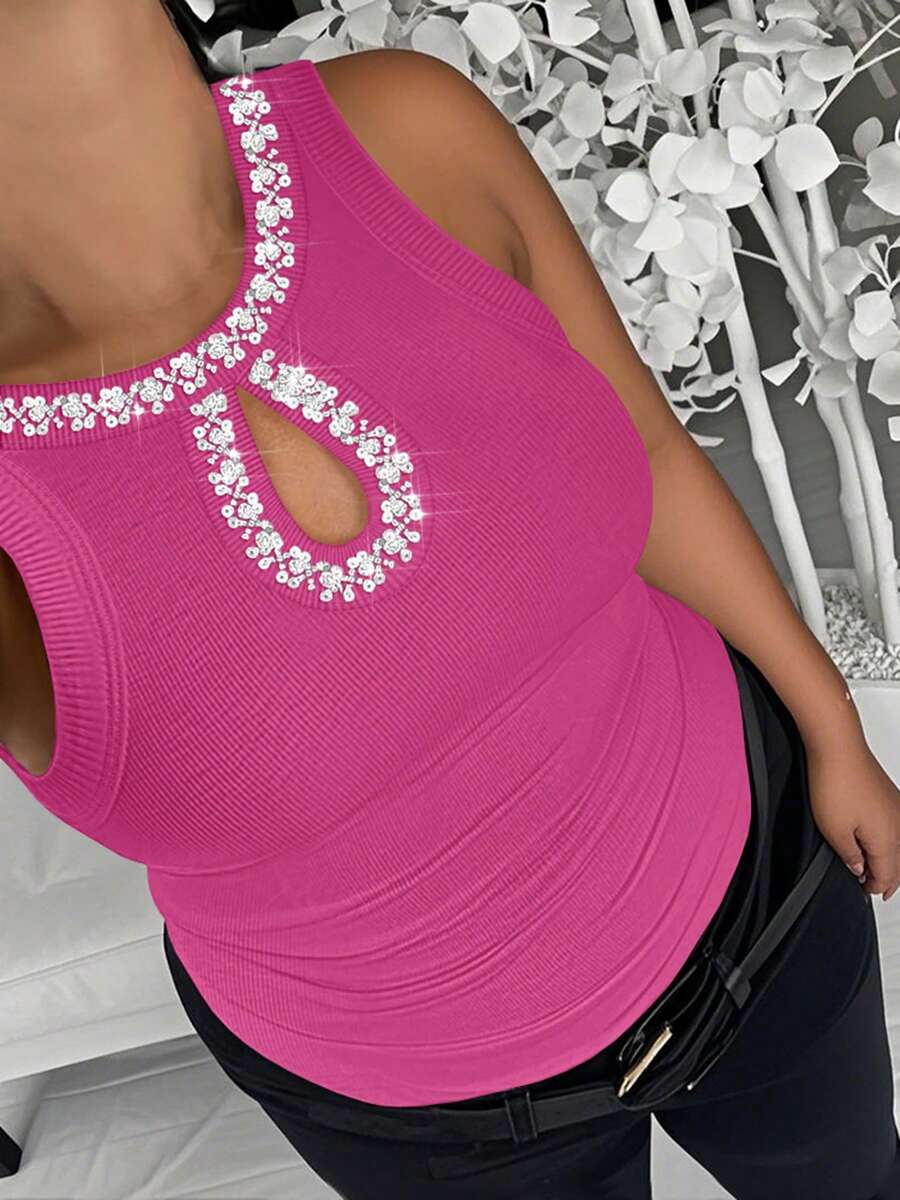 ChicMe Plus Size Women's Rhinestone Hollow Round Neck Sleeveless Tank Top, Ribbed Knit, Casual Comfortable Basic, Suitable For Daily Wear And Dates - Hot Pink - View 1