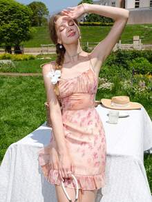 Summer Vacation Floral Ruffle Hem Camisole Dress - Pink - View 2