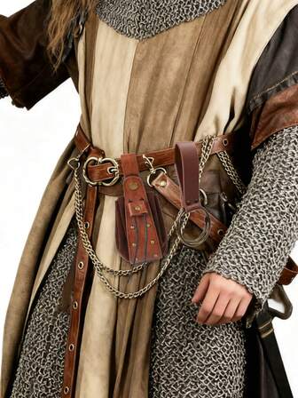 3pcs Renaissance Period Waist Belt Accessories, Faux Leather Medieval Viking Chain Belt Skirt, Suitable For Hiking, Renaissance Fairs, Pirate, Renaissance Festivals, Cosplay And Halloween