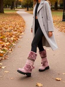 Women's Winter Furry Knee High Snow Boots Fashion Platform Chunky Heels Warm Faux Fur Lining Pull On Casual Comfy Boots Woman - 紫色 - 查看 5