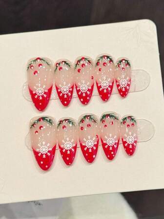 10 piezas de uñas postizas de lujo hechas a mano en estilo stiletto medio, falsas uñas navideñas con 3 piezas de herramientas, adhesivo y pegatinas de pegamento para uñas, adecuadas para que las niñas y las señoras asistan a fiestas.