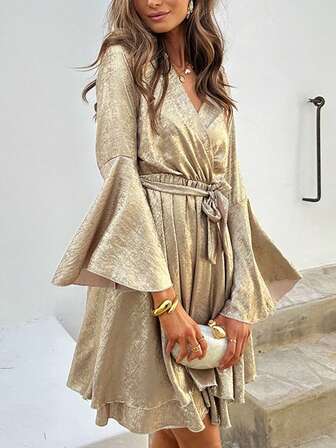 V-Neck Metallic Foil Flare Sleeve Double Hem Elegant Long Sleeve Dress With Belt