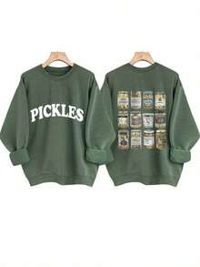 [Olive Green Sweatshirt] Soft Olive Green Crewneck Sweatshirt |     PICKLES Letter Print & Pickle Jar Graphic - Mid-Stretch Fabric, Machine Washable, Casual All-Season Comfortchristmas Outfit Women - 綠色 - 查看 7