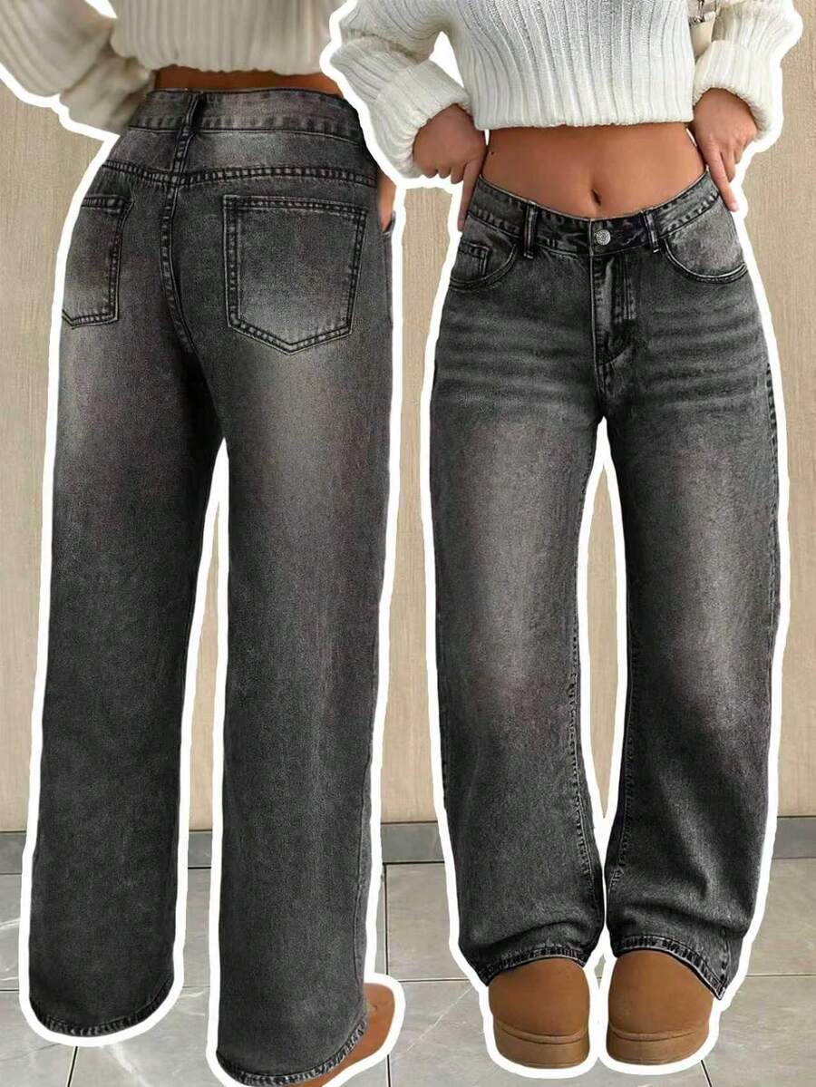 Tall Women's Light Blue Washed Low Waist Straight Leg Jeans, Retro Fashionable Loose Casual Pants