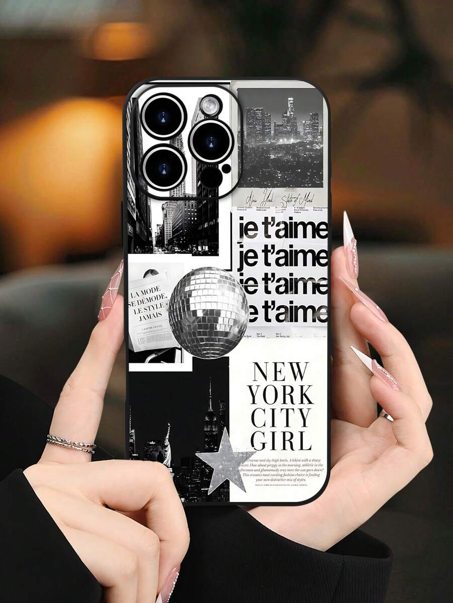 1PC Funda de teléfono TPU con diseño de ciudad de Nueva York en estilo urbano y moderno, arte gráfico en blanco y negro con toque elegante, protección para lente, resistente a caídas, textura mate suave, ideal para mujeres, amantes del estilo metropolitano y la moda contemporánea, regalo festivo, compatible con iPhone16/15/14/13/12/11/XS/XR/X/PLUS/PRO/PROMAX, compatible con Galaxy A21/A24/A25/A32/A34/A35/A54/A55, Galaxy S20/S21/S22/S23/S24 Ultra, agarre cómodo, regalo de temporada para amigos, novia, novio, familia - Negro - Ver 1