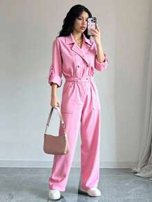 Jumper elegante para mujer largo liso con cintura elástica y solapa de moda - Rosa - Ver 3