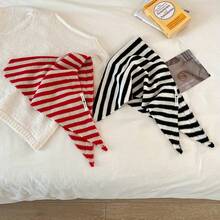 1 Piece High-Quality Striped Blend Shawl For Women, Spring, Autumn, Winter, Korean Style, Versatile, Warm, Triangle Scarf, Neck Warmer, French Retro Striped Knitted Solid Color Triangle Scarf, Multi-Functional, Unique Design, Decorative Neck Warmer Shawl - Gạo vàng sọc - Xem 9