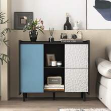 Aparador buffet, armário preto com portas azuis, 2 gavetas com painel único e 2 compartimentos abertos, armário bar de café moderno, armário lateral para cozinha, sala de jantar - Azul - Ver 7