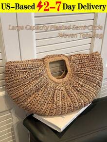 [US-Based Shipping]1pc Large Capacity Khaki Handbag Tote Bag Woven Bag Open Straw Bag Round Bag,Large Capacity Khaki Tote Bag, Woven Straw Open Top Round Bag,For Travel And Vacation Beach,Pleated Semi-Circle Woven Solid Color, Fashion Straw Handbag For Women,Eye-Catching Beach Bag Summer,Travel, Daily Shopping, Great Mother's Day Gift,New Summer Vacation Style Solid Color,Vacation Essentials,Perfectly Matching With Beach Accessories Women,Woven Large Capacity Purse And Handbag Basket Bags Fashion Travel Shoulder Shopper Totes,Crescent Moon Bag For Women, Straw Purse,Beach Necessities,Women's Fall Clothing Winter Clothing Christmas Gift Fall Autumn Velvet Furry Party Fuzzy Plush Thanksgiving Festival Cyber Monday Holiday Knitted Winter,Stitch Purses And Bags Women Black Purse Bags For Women Carteras Para Mujer Gold Purse Brown Purse Pink Purse Crossbody Bags For Women Bolsos Para Mujer Handbags For Women Shoes Tote Bags For Women - 彩色 - 查看 1