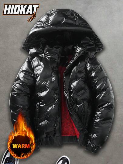 Hidkat Herr Glansig ståkrage Långärmad Avtagbar Huva Enfärgad Casual Vadderad Kappa, Varm För Höst/Vinter Dragkedja Casual Street Med Huva Pojkvän