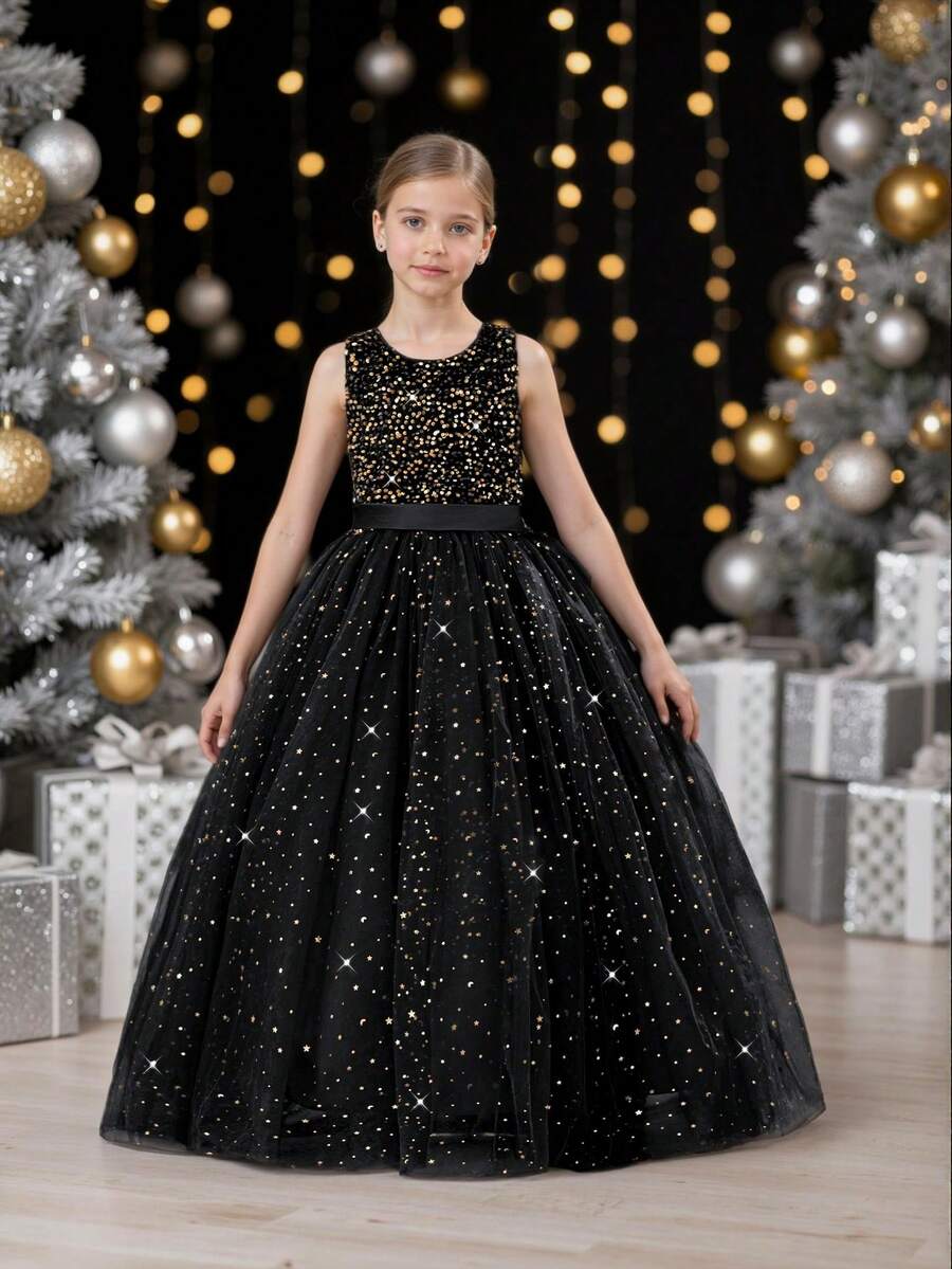少女亮片3D蝴蝶结薄纱派对礼服，黑色优雅公主裙，适合女孩生日派对、舞会、婚礼、感恩节、毕业典礼等场合。 - 黑色 - 查看 1