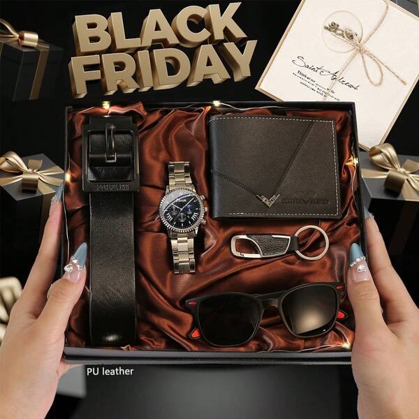 7pcs Men's Watch Gift Set + Wallet + Belt + Glasses Case, Fashion Business Casual Luxury Stylish Men's Watch, Essential Daily Accessories Designed For Men, Suitable For Anniversary, Valentine's Day, Birthday And Other Holidays