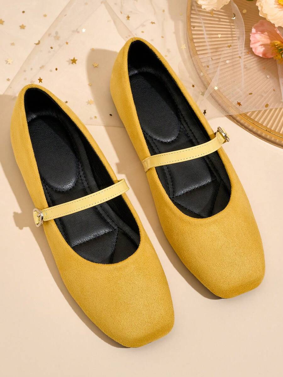 独家设计：复古法式方头玛丽珍平底鞋，酒红色，金属搭扣，优雅百搭，柔软鞋底，时尚舒适，适合夏季全天穿着，是情人节、母亲节、婚礼、派对、办公场合的理想礼物（鞋码偏小偏窄，建议选购大一码） - 黃色 - 查看 1