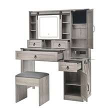 MERAX Farmhouse Vanity Desk With Sliding Mirror And Lights, Vanity Set With Glass Top And Charging Station ,Dressing Table With 4 Drawers And 2 Cabinets, Dressing Table With Stool For Bedroom, Gray - 灰色的 - 查看 9