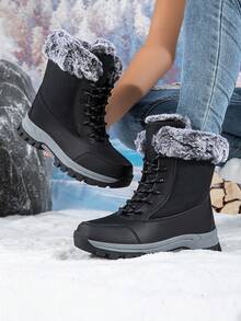 女士冬季雪地靴，柔软保暖内衬，厚底系带运动鞋，防滑外底，纯色鞋面，四季户外保暖 - 黑色 - 查看 2