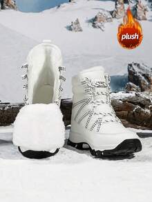 秋冬季女士防滑耐磨加厚保暖户外雪地靴，舒适纯色高帮徒步靴，毛绒靴 - 白色 - 查看 3