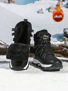 Botas de nieve para mujer resistentes al deslizamiento, al desgaste, gruesas y cálidas para exteriores, cómodas botas de senderismo de unicolor y de caña alta con forro de piel para otoño/invierno - Negro - Ver 3