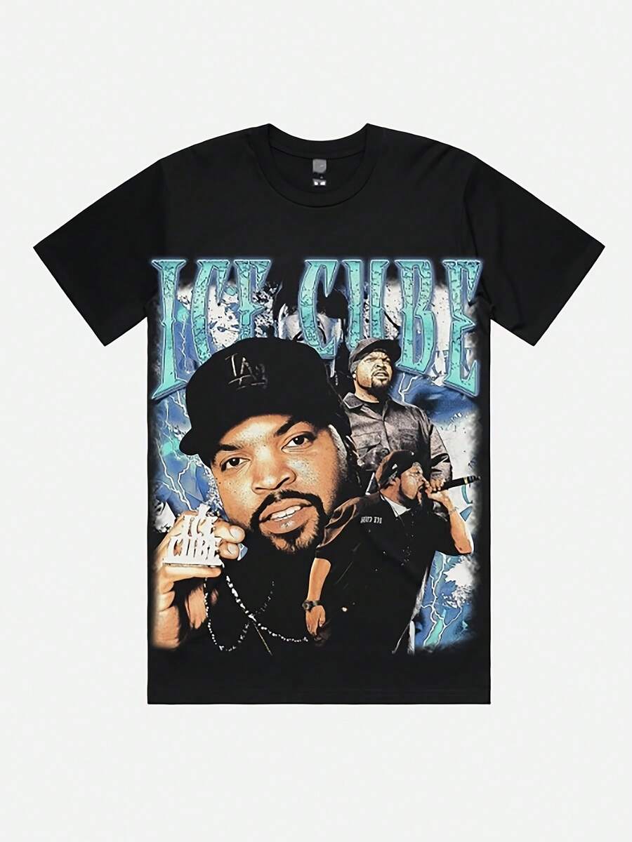 [Streetwear] Men's Ice Cube Graphic T-Shirt - Heavyweight 230gsm Pure Cotton Hip-Hop Tee, Black Urban Streetwear Shirt For Concerts & Casual Attire (Sizes S-3XL) - Soft Crewneck Casual Top - Black - View 1