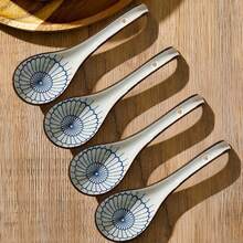 4/5pcs Asian Ceramic Spoon, With Long Handle, Easy To Grasp, Anti Slip Bottom, Suitable For Japanese Lamian Noodles, Chinese And Vietnamese Wonton, Noodle Spoon