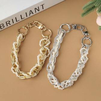 1条/2条INS风金属链，金色/银色，珍珠包裹双环手柄链，DIY饰品配件，可用于手机挂绳、钥匙扣、包链、吊坠等。