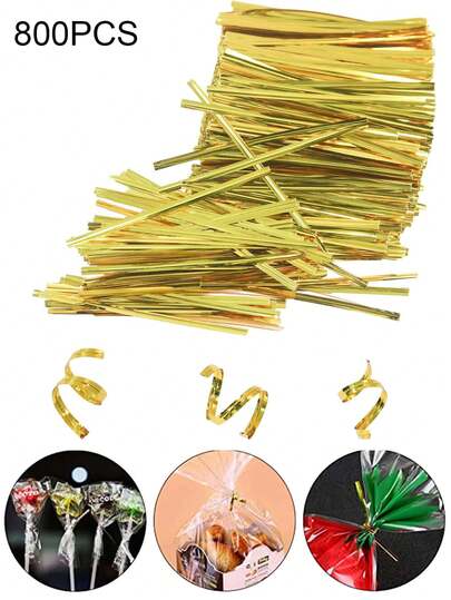 800个纯色扭扭扎带，4英寸扭扭扎带，适用于各种袋子，金属金色PVC封口扎带，塑料袋扭扭扎带，可重复使用面包扎带，封口扎带，金色扭扭扎带，适用于糖果袋、婚礼、派对、礼品袋、食品袋、食品盒、巧克力袋、饼干袋、咖啡袋、爆米花袋、零食袋、蛋糕棒棒糖袋、派对用品