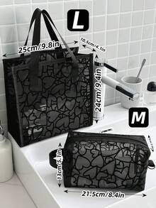 1个/3个装植绒爱心化妆包，大容量透明网眼化妆包带提手，便携式化妆刷收纳袋旅行洗漱包镂空口红零钱包化妆品收纳夏季旅行必备沙滩度假假期学校用品宿舍必备返校包沙滩包书包洗漱包旅行 - 黑色 - 查看 10