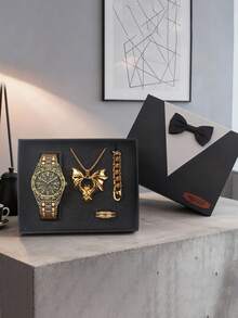 4pcs/Set Men's Quartz Watch & Jewelry Set, Fashionable Luxury Alloy Material Steel Strap Bat Necklace Jewelry, Suitable For Daily Matching, Birthday, Gift For Men, Anniversary, Year-End Promotion, Singles Day, Halloween, Christmas Holiday Gifts - Multicolor - View 7