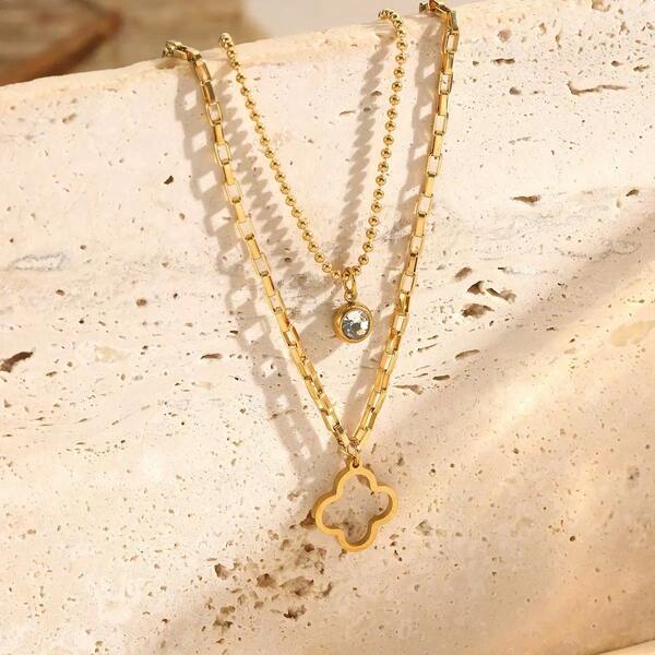 2pcs/Set Hollow Four-Leaf Flower Rhinestone Stainless Steel Necklace, Suitable For Women's Daily Wear