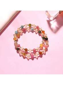 1 件多巴胺彩色绿柱石手链，复古双层水晶珠手链，适合女性日常佩戴（珠子颜色随机）