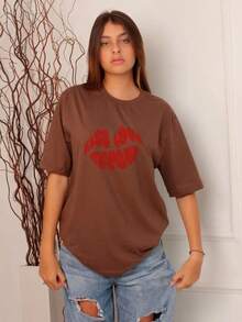 Women's Printed T-Shirt With Kissing Mouth Love Repeat Design, 100% Cotton, Free Fast Shipping - 鏽棕色 - 查看 1
