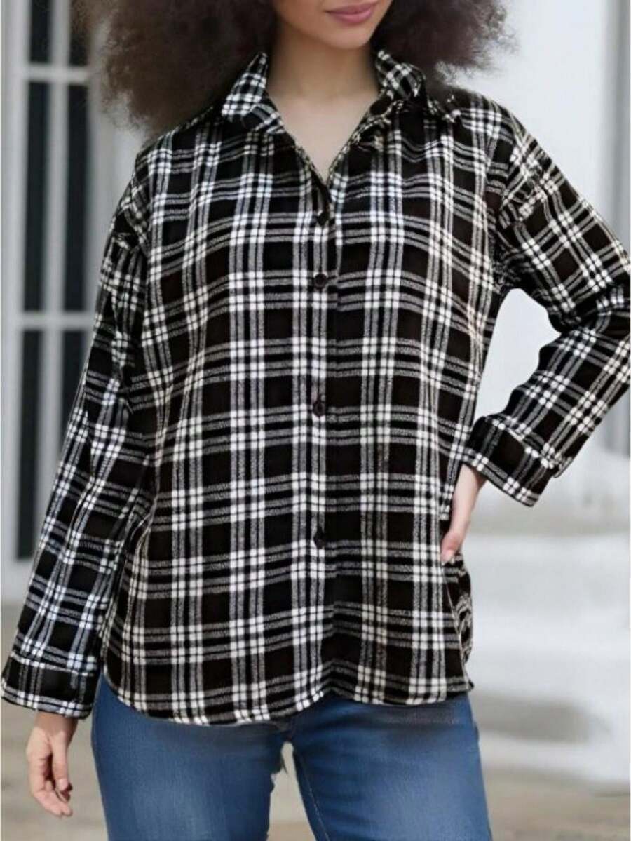 Womens Long Sleeve Plaid Shirts Flannel Collared Button Down Shackets Casual Rolled Up Boyfriend Blouses Tops - màu đen - Xem 1