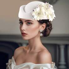 1pc Retro British Felt Headband Hat, Women's Church Derby Headpiece With Flower Decor, Soft Beret Cap