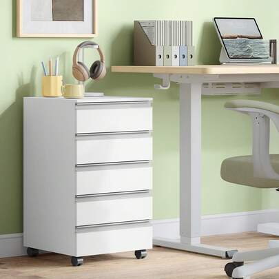 5-Drawer Mobile File Cabinet, Filing Cabinet With Lock And Wheels, Under Desk Storage, Fits A4, Legal, Letter, For Home, Office And School, 40 X 40 X 65 Cm, White