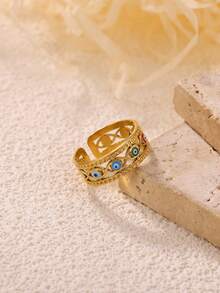 1PC Colorful Enamel Evil Eye Rings For Women Gold Color Stainless Steel Retro Geometric Evil Eye Ring Wedding Christmas Jewelry Gift - Multicolor - View 3