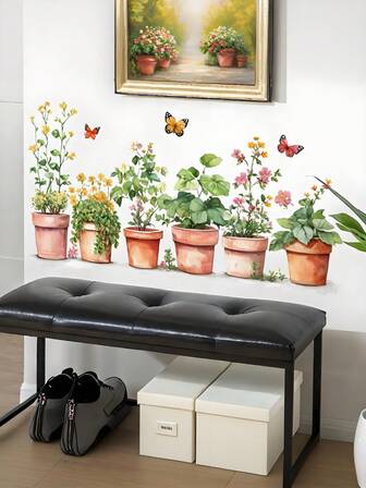 Pegatinas de pared con plantas verdes, flores de mariposa y macetas para decoración del hogar en baño, sala de estar, dormitorio, habitación infantil, puerta, fondo de TV y sofá