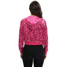 Women's Sequin Zip-Up Hooded Jacket With Ribbed Hem And Long Sleeves For Party Wear - Hot Pink - View 2