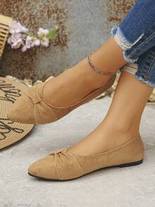 Sapatilhas Tipo Balé de Bico Fino com Laço, Estilo Minimalista de Cor Sólida, Salto Baixo, Plus Size, Fácil de Calçar, Elegantes para Uso Diário na Cor Marrom, Sapatos Femininos Plus Size