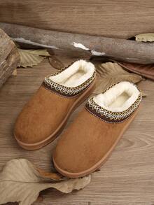 女士毛绒厚底拖鞋，秋冬新款人造保暖内衬套脚坡跟凉鞋，蓬松拖鞋 - 棕色 - 查看 4